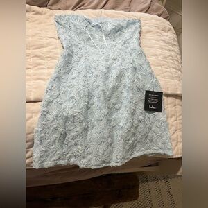 Lulu's Pale Blue Strapless Floral Lace Dress